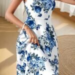 Kadın Askılı Kare Yakalı çiçek Desenli Midi Dalgıç Elbise