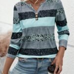 Kadın Uzun Kollu Yakadan Düğmeli çizgili Desenli Süprem Bluz