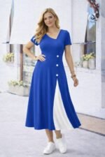 Kadın Kısa Kollu Asimetrik Yakalı Düğme Detaylı Midi Viskon Elbise - Görsel 2