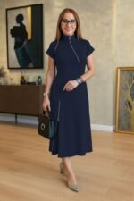 Kadın Kısa Kollu Yakadan Ve Etekten Fermuarlı Midi Viskon Iki Iplik Elbise - Görsel 3