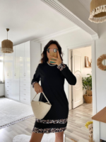 Kadın Uzun Kollu Bisiklet Yaka şerit Leopar Desenli Kısa Dalgıç Elbise - Görsel 13