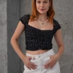 Puantiyeli Belden Oturtmalı Tül Siyah Bluz