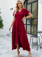 Kadın Kısa Kollu Kruvaze Yakalı ön Asimetrik Volanlı Uzun Ithal Krep Elbise - Görsel 3