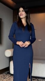 Kadın Uzun Kollu Balıkçı Yaka önden Fermuarlı Yırtmaçlı Midi Viskon Iki Iplik Elbise - Görsel 4