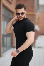 Erkek Ince çizgi Dokulu Bisiklet Yaka Kısa Kollu T-shirt - Görsel 2