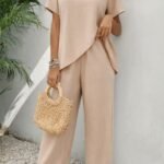 Kadın Kısa Kollu Bisiklet Yaka Asimetrik Kesim Detaylı Bürümcük Bluz Ve Pantolon Ikili Takım