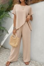 Kadın Kısa Kollu Bisiklet Yaka Asimetrik Kesim Detaylı Bürümcük Bluz Ve Pantolon Ikili Takım