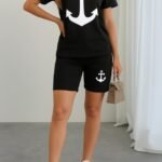 Kadın Kısa Kollu çapa Baskılı Viskon Ikili Takım