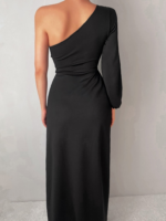 Tek Omuz Açık Derin Yırtmaçlı Krep Tam Boy Elbise - Görsel 3