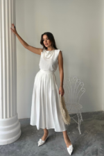 KETEN KOLSUZ BLUZ - MAXİ ETEK TAKIM - Beyaz - Görsel 4