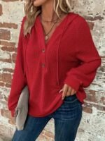 Kadın Uzun Kollu Kapşonlu önü Düğmeli Ve Bağcıklı Waffle Bluz - Görsel 2