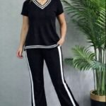 Kadın Kısa Kollu V Yakalı Viskon Iki Iplik Bluz Ve Pantolon Ikili Takım