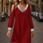 Kadın Uzun Kollu Kollar Tül V Yakalı Mini Janjan Krep Elbise