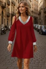 Kadın Uzun Kollu Kollar Tül V Yakalı Mini Janjan Krep Elbise