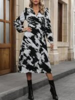 Kadın Uzun Kollu Kruvaze Yakalı Yandan Bağlamalı Desenli Mini Modal Elbise - Görsel 8