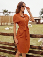 Kadın Kısa Kollu Yakalı önden Düğmeli Beli Kuşaklı Bürümcük Elbise - Görsel 3