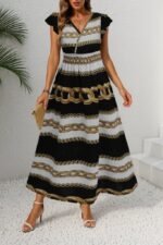 Kadın Kısa Kollu Kruvaze Yakalı Beli Lastikli Desenli Maksi Boy örme Krep Elbise - Görsel 3