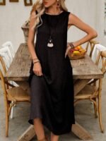 Kadın Askılı Yuvarlak Yakalı Kıloş Cepli Uzun Elbise - Görsel 5