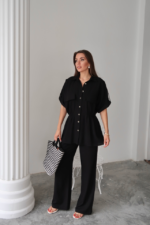 KETEN BELDEN BÜZGÜ DETAYLI GÖMLEK - PANTOLON TAKIM - Siyah - Görsel 3