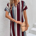 Kadın Kısa Kollu V Yakalı çizgi Baskılı Süprem Elbise