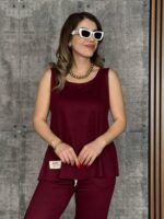 Kadın Askılı Yuvarlak Yaka Viskon Iki Iplik Bluz Ve Eşofman Altı Ikili Takım - Görsel 3