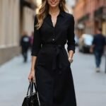 Kadın Uzun Kollu Yakalı Belden Kuşaklı Midi Trikoton Elbise