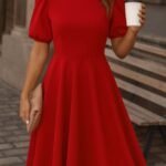 Kadın Kısa Balon Kollu Bisiklet Yaka Geniş Kesim Janjan Krep Elbise