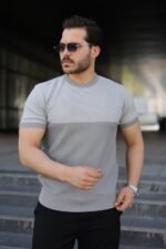 Erkek Renk Bloklu Bisiklet Yaka Kısa Kollu Triko Tişört