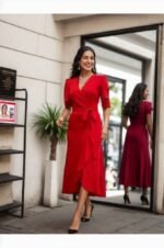 Kadın Kruvaze Yaka Midi Boy Kuşaklı Krep Elbise 120 Cm - Görsel 2