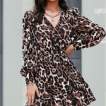 Kadın Uzun Kollu Beli Lastikli Etek Ucu Volanlı Leopar Desen Krep Elbise - Görsel 3