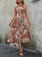 Kadın Kolsuz Boyundan Bağlamalı Beli Lastikli Dijital Baskı Süprem Uzun Elbise