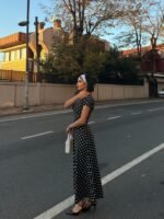 Kadın Kısa Kollu Bisiklet Yaka Puantiyeli Maksi örme Krep Elbise - Görsel 2