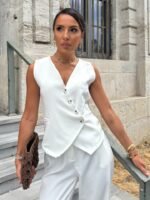 Kadın Sıfır Kollu çapraz V Yakalı önden Düğmeli Atlas Yelek Ve Pantolon Ikili Takım - Görsel 8