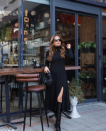 Kadın Uzun Kollu Balıkçı Yaka Derin Yırtmaç Detay Krep Elbise - Görsel 3