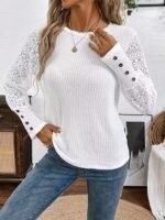 Kadın Uzun Kollu Bisiklet Yaka Kolları Tüllü Waffle Bluz - Görsel 2