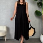 Kadın çan Dokuma Kumaş V Yaka Asimetrik Kesim Elbise