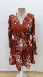 Kadın Uzun Kollu Kruvaze Yakalı çiçek Desenli Mini Süprem Elbise - Görsel 3