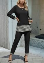 Kadın Uzun Kollu Yuvarlak Yakalı Kaz Ayağı Detaylı Viskon Iki Iplik Bluz Ve Pantolon Ikili Takım - Görsel 3