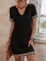 Şerit Detay V Yaka Yandan Cepli Viskon Elbise - Görsel 6