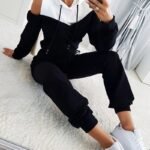 Kadın Uzun Kollu Omuzlardan Açık Kapşonlu Bağcıklı çift Renkli Viskon Iki Iplik Bluz Ve Pantolon Ikili Takım