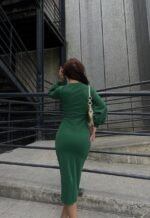 Kadın Kruvaze Yaka Balon Kol Simli Krep Kumaş Midi Boy Elbise - Görsel 4