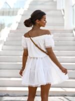 Kadın Dantel Detaylı Madonna Yaka Beli Kuşaklı Keten Kumaş Elbise - Görsel 7