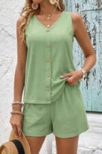 Kadın Askılı Kolsuz V Yakalı önden Düğmeli Bürümcük Bluz Ve Short Ikili Takım - Görsel 2