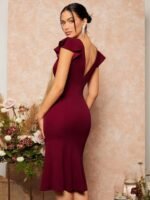 Kadın Kısa Kelebek Kollu Kruvaze Yaka Ithal Krep Midi Elbise - Görsel 4