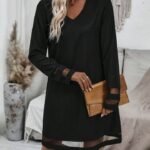 Kadın Uzun Kollu V Yakalı Tül şerit Detaylı Mini Krep Elbise