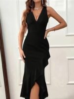 Kadın Askılı V Yakalı önden Fırfırlı Uzun Ithal Krep Elbise - Görsel 2