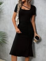 Kadın Kısa Kollu Kare Yakalı Ip Detaylı Janjan Krep Elbise - Görsel 4