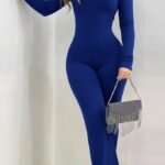 Kadın Tek Omuzdan Açık Balıkçı Yaka Taş Detaylı Uzun Ithal Krep Tulum