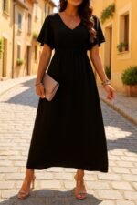 Kadın Kısa Kollu V Yakalı Beli Lastikli Uzun Viskon Elbise - Görsel 7