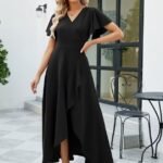 Kadın Kısa Kollu Kruvaze Yakalı ön Asimetrik Volanlı Uzun Ithal Krep Elbise